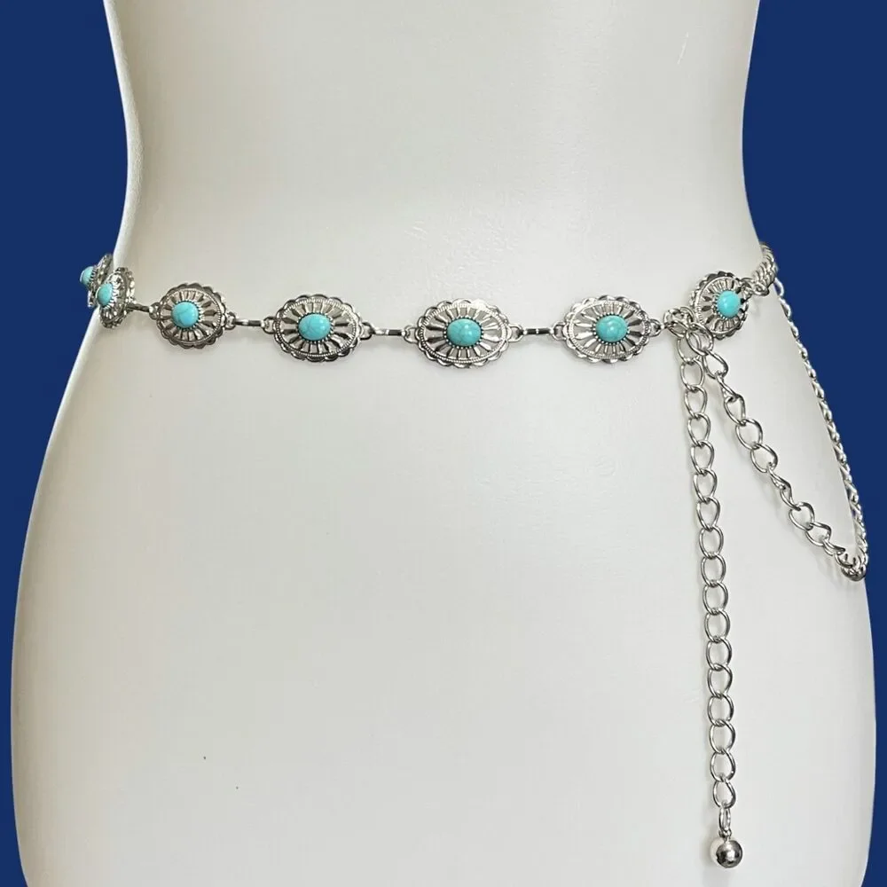 Womens Concho Chain Belt Silver Tone Turquoise Blue Faux Stone Accents 44 inch